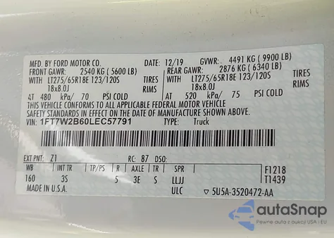 2020 Ford F-250 Xlt z USA, uszkodzony, nr VIN 1FT7W2B60LEC57791